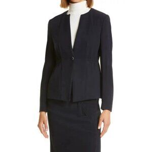 BOSS Skirt Suit Set Womens 4 Navy Blue Jekari Knit Jacket Ruched Skirt Workwear
